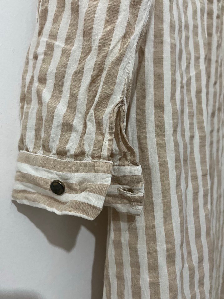 Bej Çizgili Uzun Kollu Keten Elbise - Görsel 2