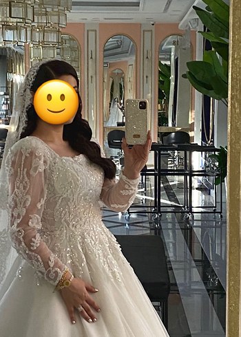 Gelinlik Dantel Detaylı V Yakalı Uzun Kollu Beyaz Gelinlik