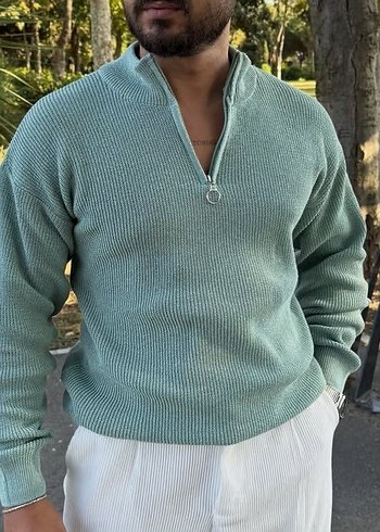 yesil Rahat Kesim Triko Yarım Fermuarlı Kazak - Görsel 2