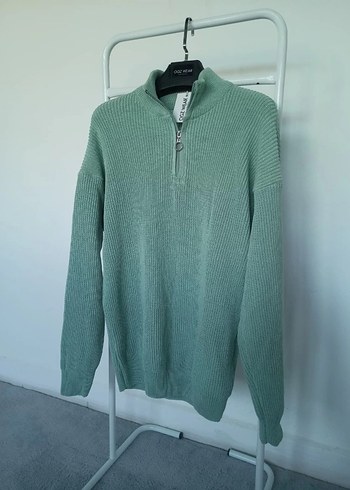 yesil Rahat Kesim Triko Yarım Fermuarlı Kazak - Görsel 3