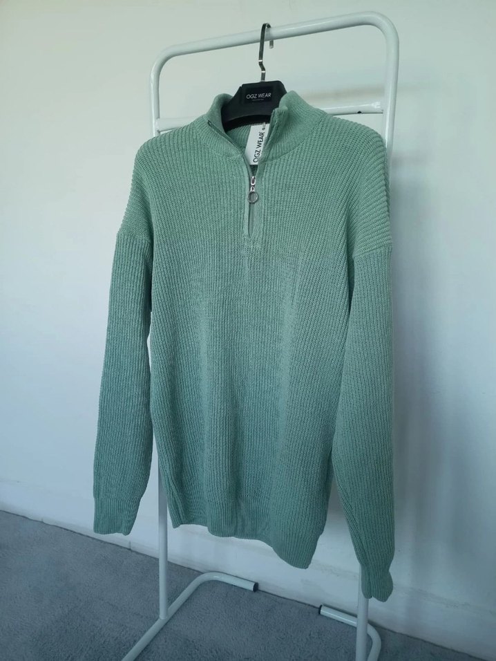 yesil Rahat Kesim Triko Yarım Fermuarlı Kazak - Görsel 3