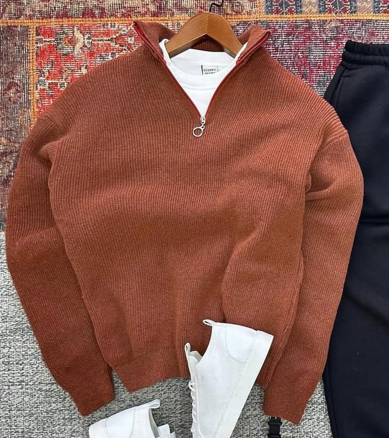 Yarım Fermuarlı Yüksek Yakalı Erkek Triko Kazak - Görsel 4