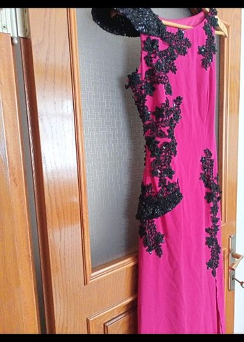 Dantel Detaylı Pembe Uzun Abiye Elbise - Görsel 4