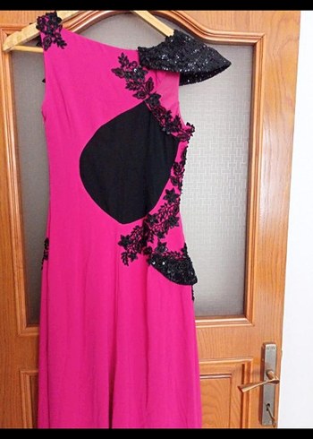 Dantel Detaylı Pembe Uzun Abiye Elbise - Görsel 5