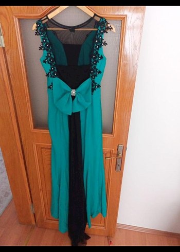 Uzun Turkuaz Nakışlı Abiye Elbise - Görsel 4