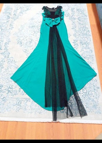 Uzun Turkuaz Nakışlı Abiye Elbise - Görsel 5