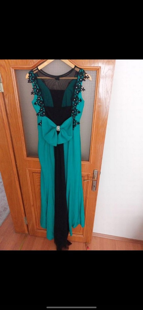 Uzun Turkuaz Nakışlı Abiye Elbise - Görsel 4