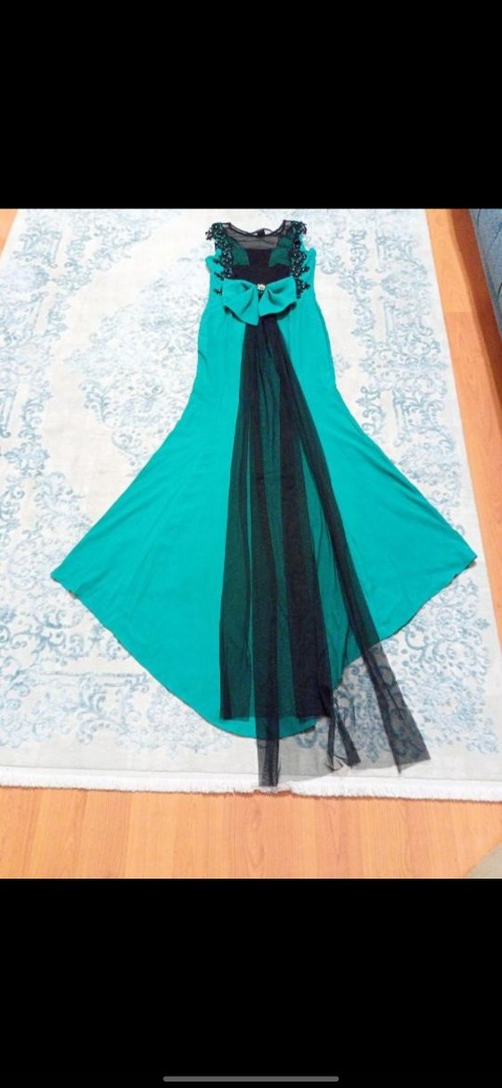 Uzun Turkuaz Nakışlı Abiye Elbise - Görsel 5