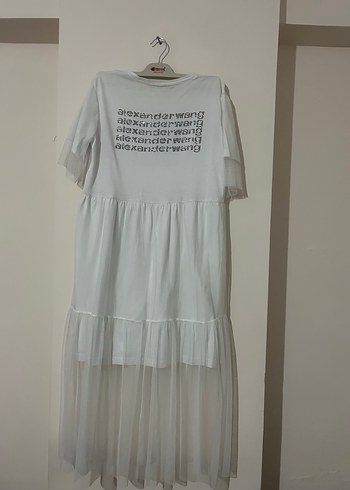 l Beden beyaz Renk Beyaz Uzun Pamuklu ve Tül Detaylı Elbise, Fırfırlı, Rahat Kesim