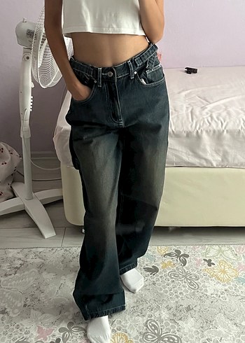 32 Beden lacivert Renk Kemerli, Salaş Kesim Kadın Denim Pantolon