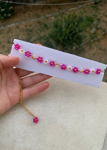 Diğer Pembe Boncuklu Çiçek Desenli Kadın kolye