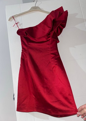 Bordo Drapeli Tek Omuz Mini Abiye Elbise - Görsel 2