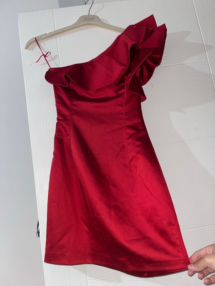 Bordo Drapeli Tek Omuz Mini Abiye Elbise - Görsel 2