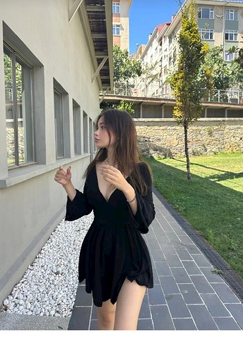 Diğer Uzun Kollu Siyah V Yaka Mini şortu Elbise