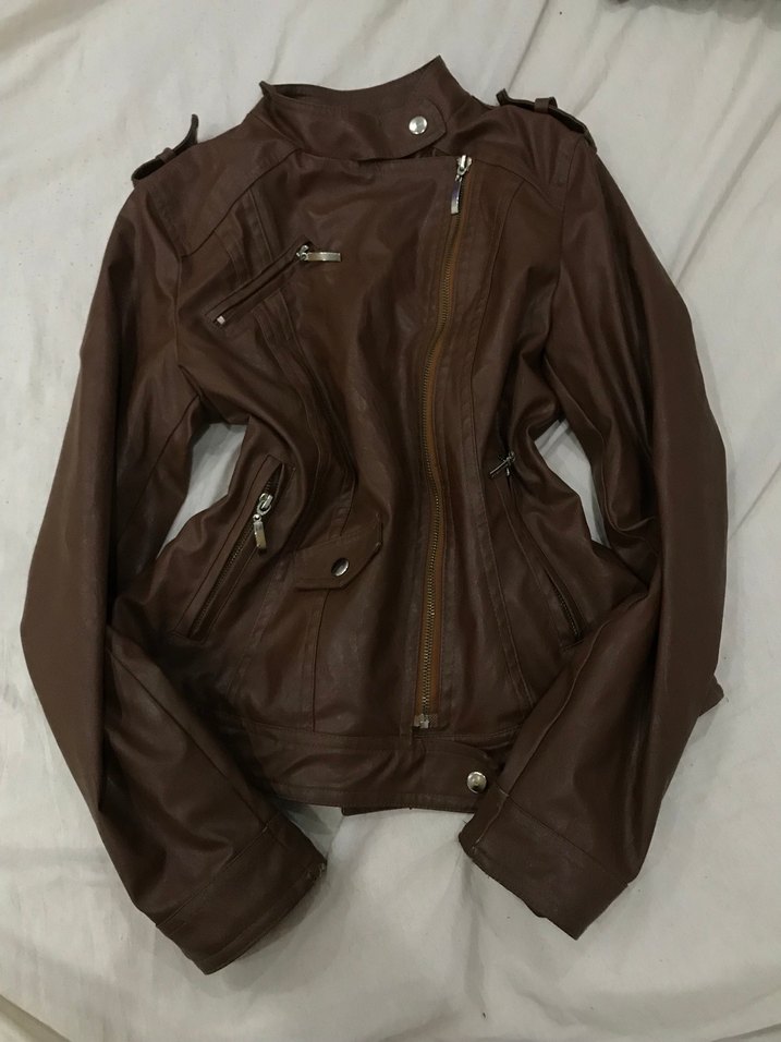 Kadın Kahverengi Deri Biker Ceket - Görsel 2