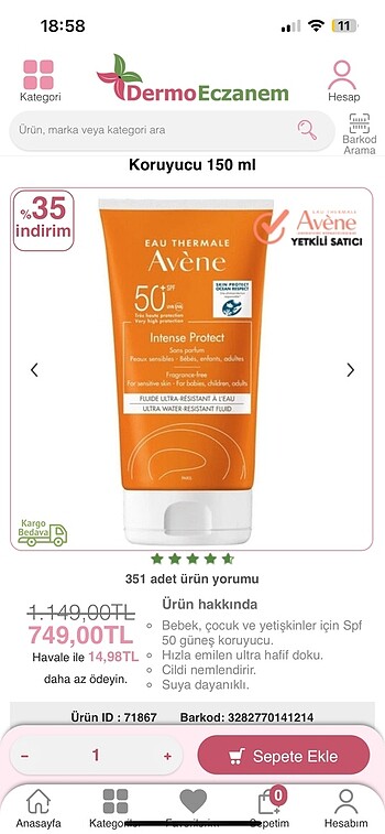 Avene güneş kremi