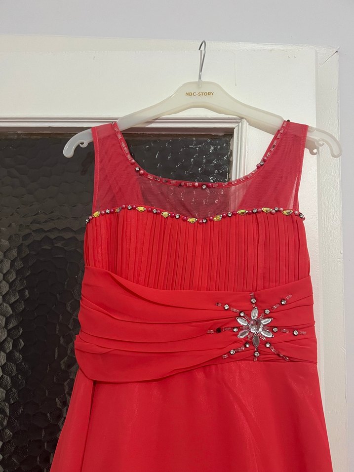 Kırmızı Drapeli Uzun Çocuk Abiye Elbise - Görsel 2