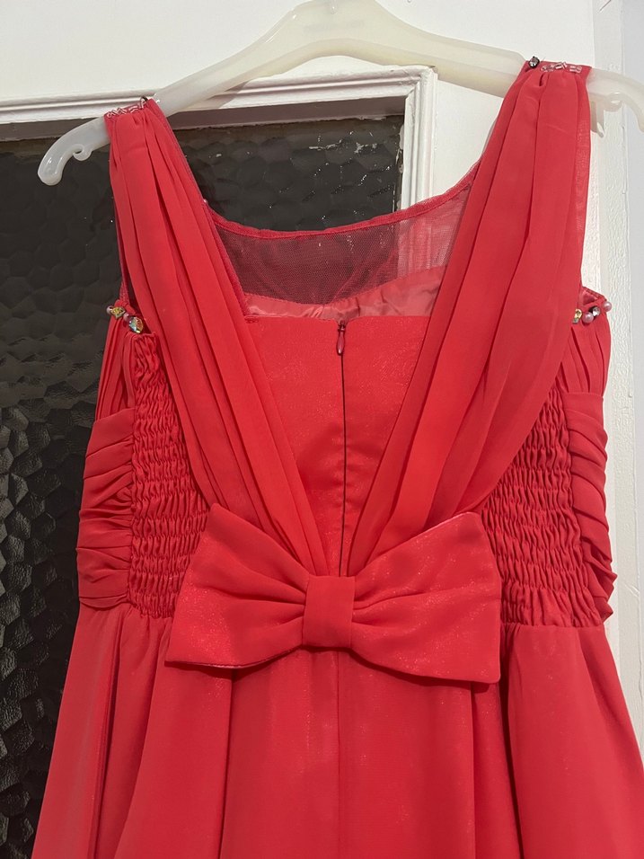 Kırmızı Drapeli Uzun Çocuk Abiye Elbise - Görsel 4