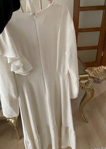Beyaz Uzun Keten Elbise, Drapeli, Uzun Kollu - Görsel 3