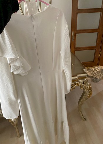 Beyaz Uzun Keten Elbise, Drapeli, Uzun Kollu - Görsel 2