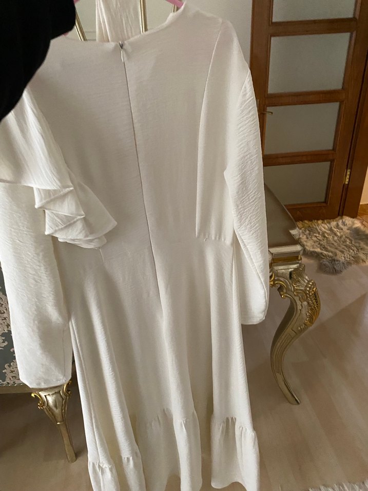 Beyaz Uzun Keten Elbise, Drapeli, Uzun Kollu - Görsel 3