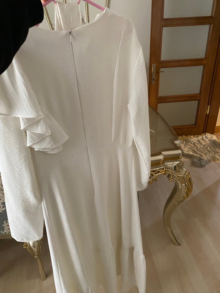 Beyaz Uzun Keten Elbise, Drapeli, Uzun Kollu - Görsel 2