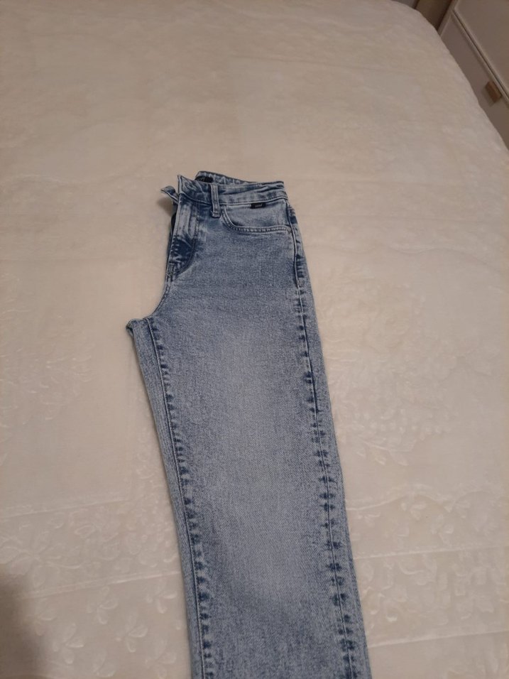 Düğmeli Mavi Midi Kot Pantolon - Görsel 4