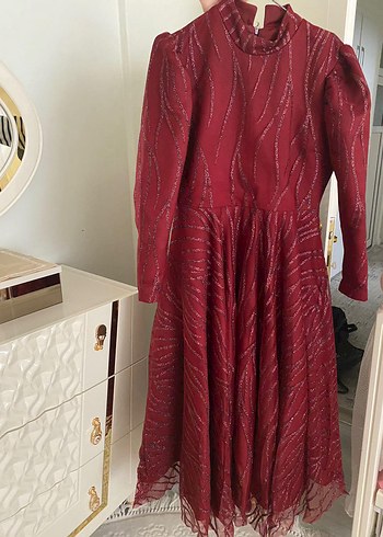 Bordo Uzun Kollu Yüksek Yakalı Vintage Elbise