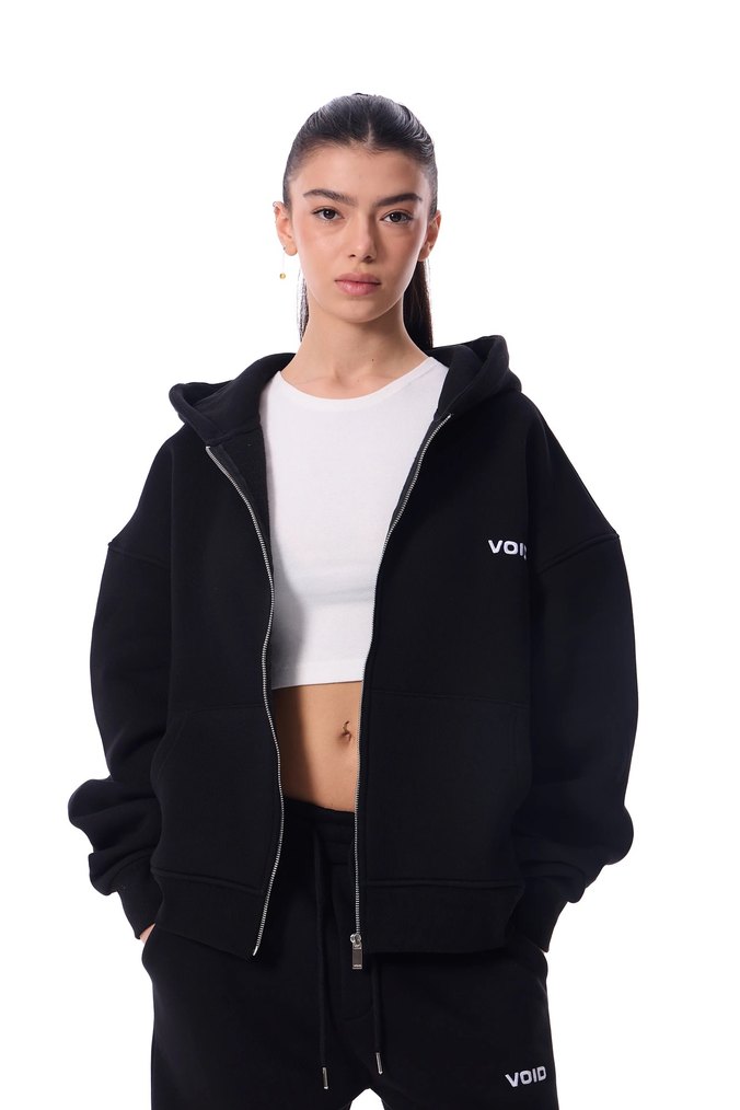 Kadın Siyah Kapüşonlu Fermuarlı Sweatshirt - Görsel 3