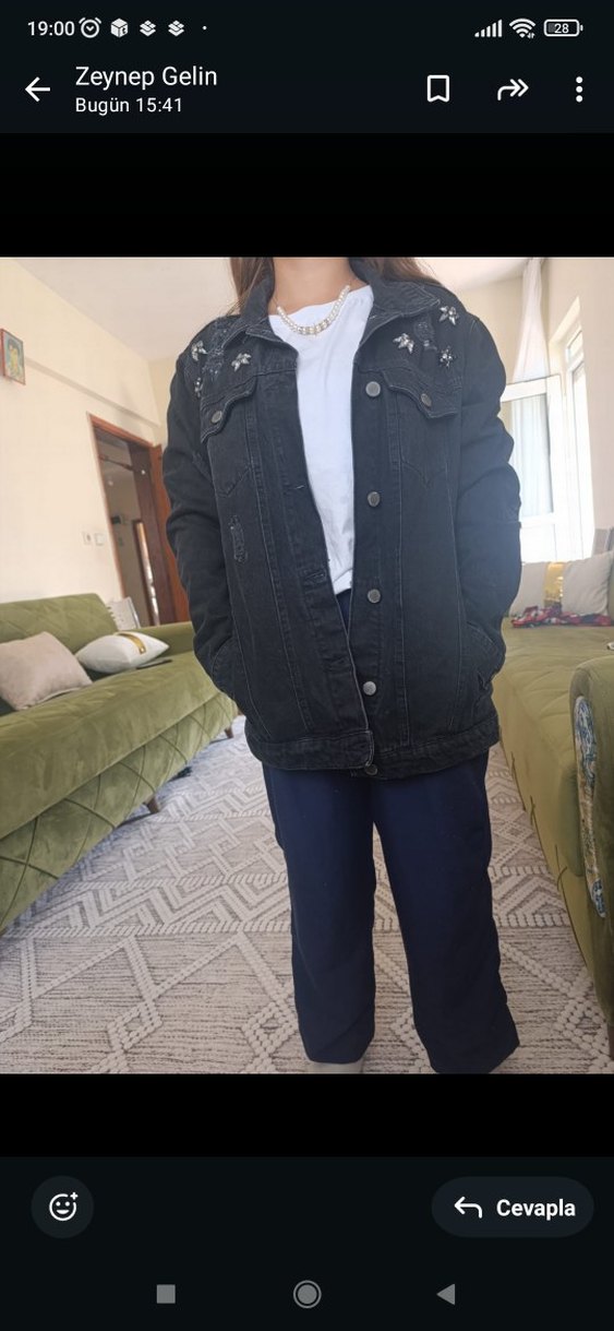 Siyah Baskılı Kadın Kot Ceket - Görsel 2