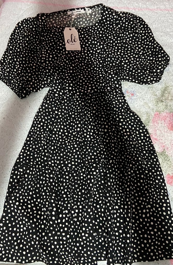 Kısa Kollu Siyah Puantiyeli elbise - Görsel 4