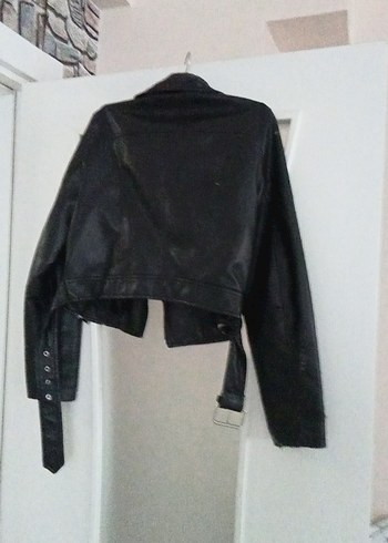 Kemerli Siyah Biker Deri Ceket - Görsel 2