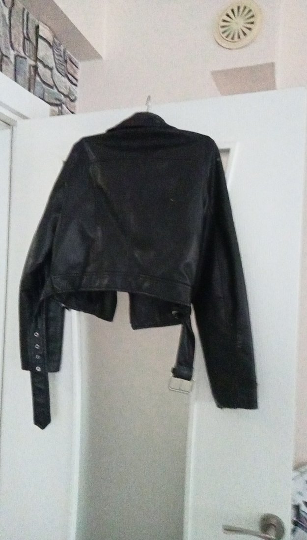 Kemerli Siyah Biker Deri Ceket - Görsel 2