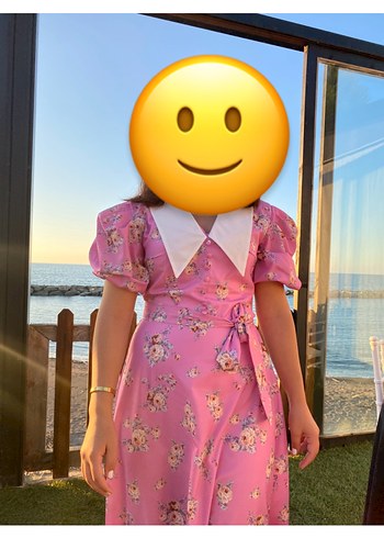 Diğer Pembe Vintage Midi Elbise Geniş Yaka