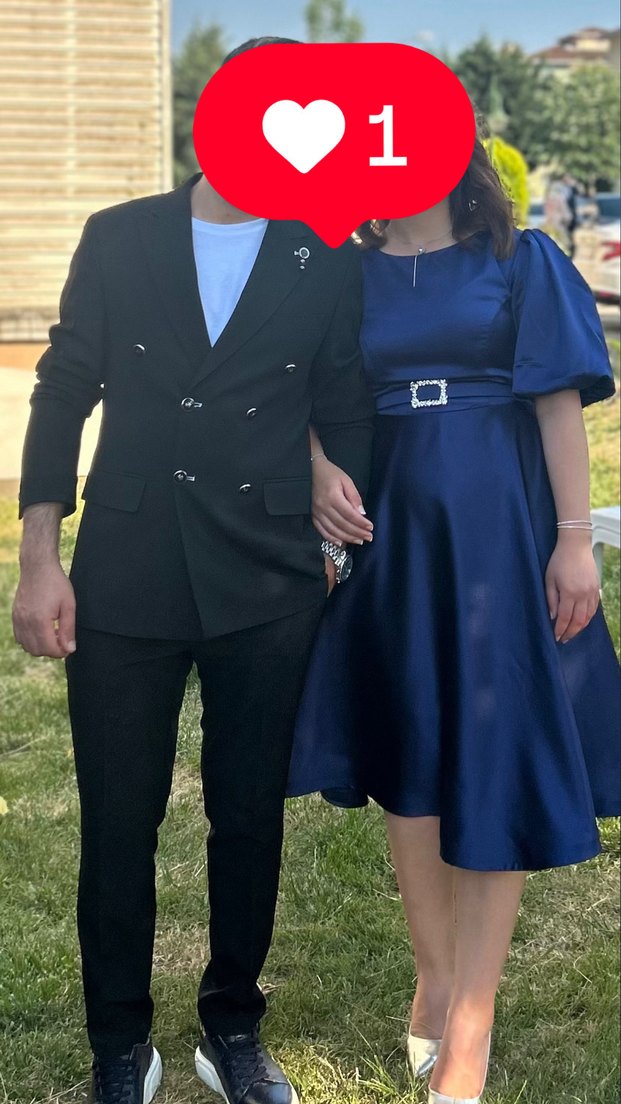 38 40 bedene uyumlu Mavi Kemerli saten Midi Balon Kol Elbise - Görsel 2