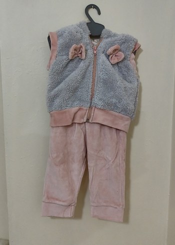 Kız Bebek Gri Peluş Detaylı Kolsuz Takım