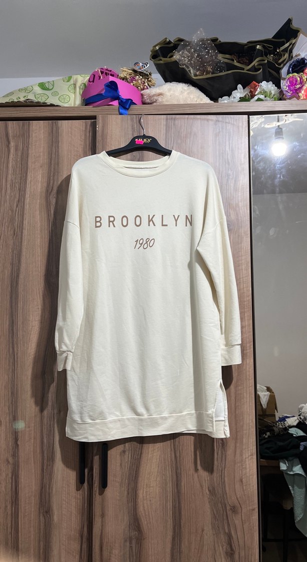 Bej Uzun Kollu Brooklyn Baskılı Sweatshirt - Görsel 2