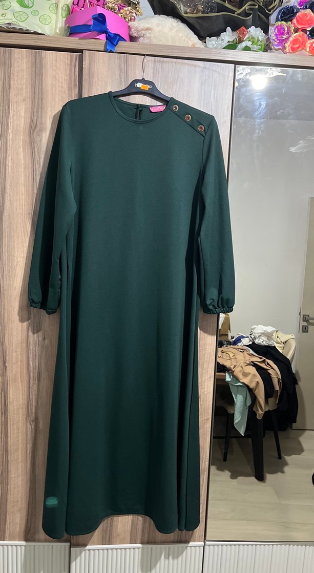 Drapeli Uzun Kollu Yeşil Kadın Elbise - Görsel 2
