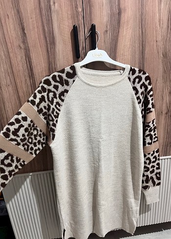 Leopar Desenli Bej Uzun Kollu Triko Tunik - Görsel 3
