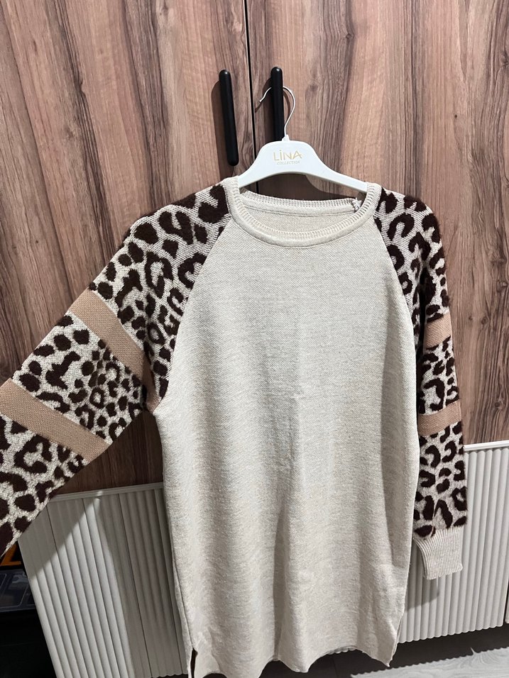 Leopar Desenli Bej Uzun Kollu Triko Tunik - Görsel 3