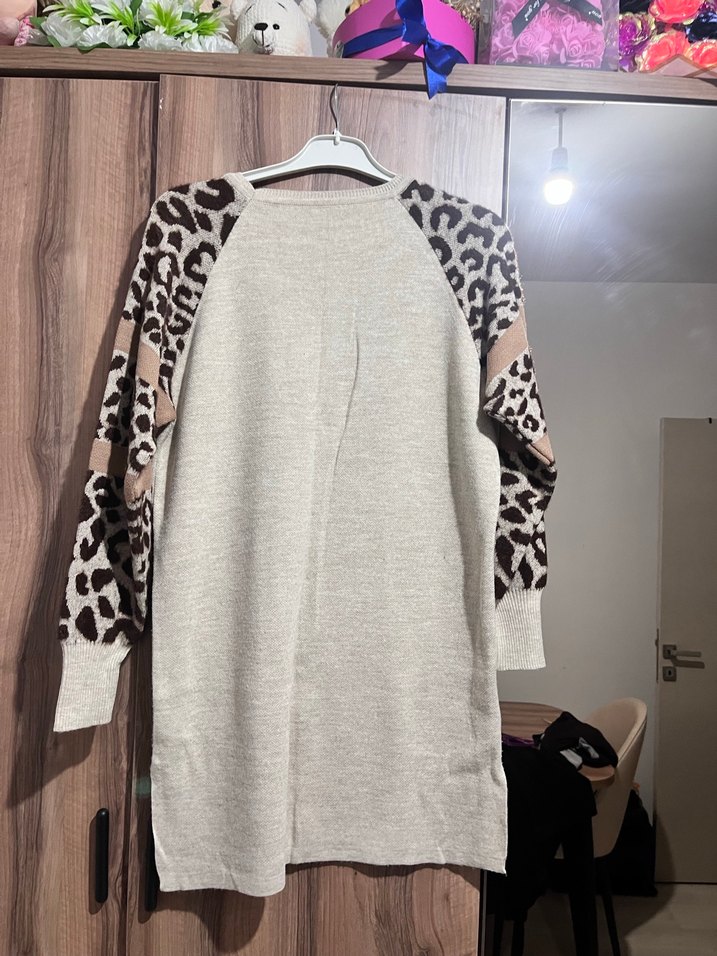Leopar Desenli Bej Uzun Kollu Triko Tunik - Görsel 2
