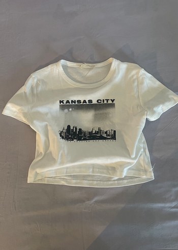 l Beden Baskılı Beyaz Crop Tişört Kadın