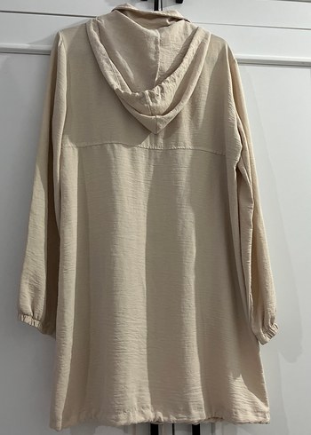 xl Beden Bej Kapüşonlu Uzun Keten Tunik