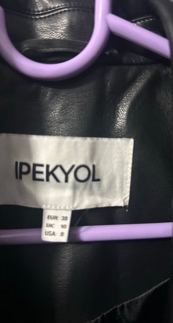 Siyah Deri Kadın Ceket, Düğmeli, Uzun Kollu - Görsel 2