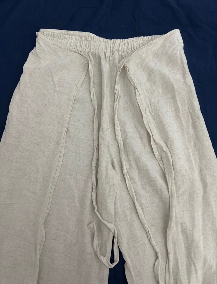 krem rengi bohem bol keten pantolon - Görsel 3