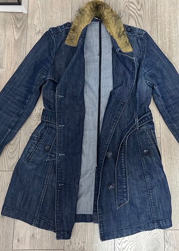 Kürk Detaylı Mavi Amerikan Vintage Kot Trenckot - Görsel 3