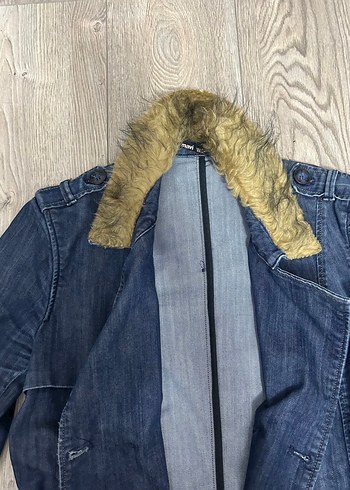 Kürk Detaylı Mavi Amerikan Vintage Kot Trenckot - Görsel 4