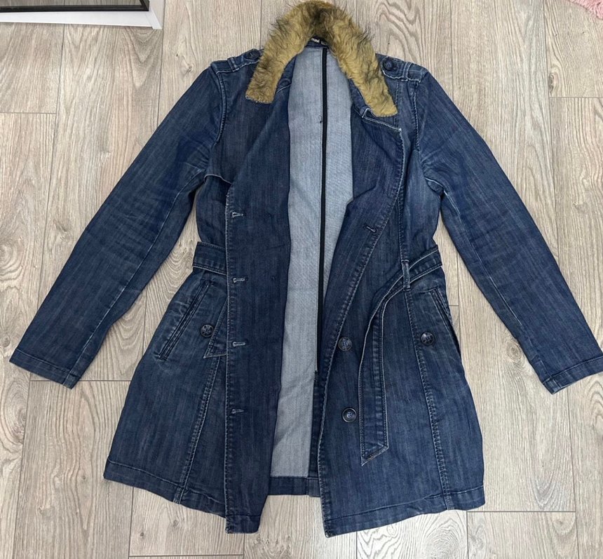 Kürk Detaylı Mavi Amerikan Vintage Kot Trenckot - Görsel 3