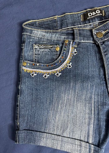 vintage Dolce&Gabbana Boncuk İşlemeli Lacivert Kot Şort - Görsel 2