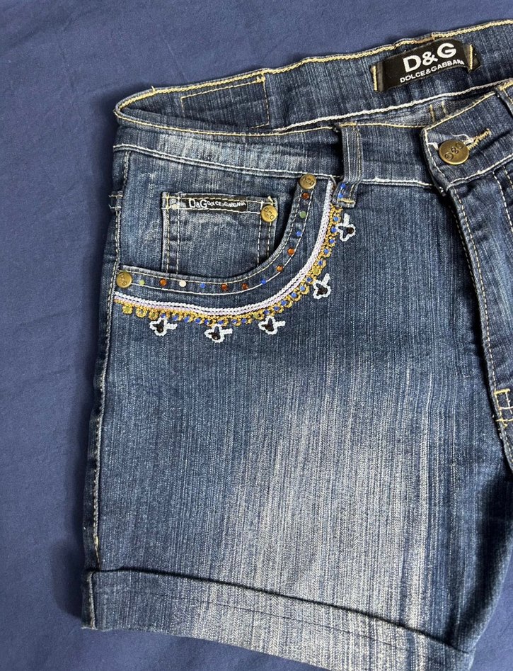vintage Dolce&Gabbana Boncuk İşlemeli Lacivert Kot Şort - Görsel 2